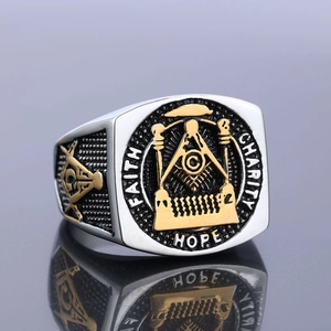 Two-tone stainless steel Masonic ring with All-Seeing Eye and Faith Hope Charity engraving