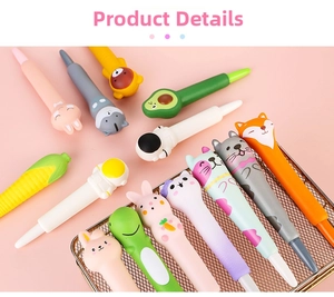 Detail of cute cartoon animal squishy pens in various colors like pink and yellow