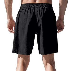 Detail of men's black linen casual shorts with elastic waistband and high-quality texture