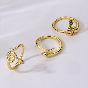 Snake Open Ring Micro Pave Cubic Zirconia 18K Gold Plated Copper Adjustable Animal Trendy Jewelry For Women