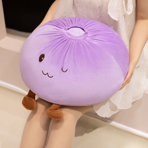 Cute purple bun plush pillow with cartoon face held by a model in a cozy room setting