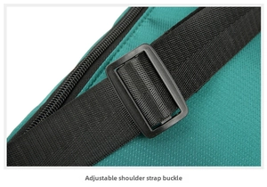 Detail of adjustable black shoulder strap with plastic buckle on cyan oxford waist bag