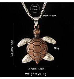 Detailed technical view of retro turtle pendant necklace with size and weight specs