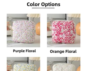 Close-up of quilted floral sanitary storage bags in purple orange and yellow options