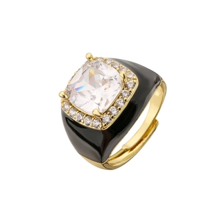 Gold-plated brass ring with cushion-cut zircon and black enamel finish in 45-degree view