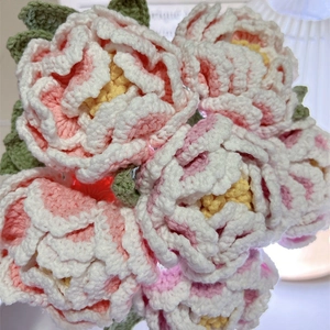 Handmade crochet peony bouquet with pink and white gradient yarn flowers for home decor