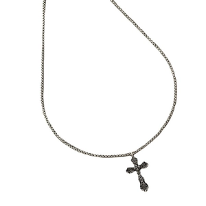 Polished silver stainless steel cross necklace with a textured finish on a box chain