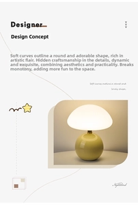 Detail of mushroom lamp with frosted glass shade and green ceramic base on white background