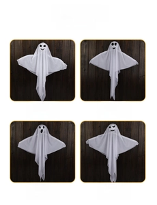 Four unique styles of white hanging ghosts with varied facial expressions for Halloween