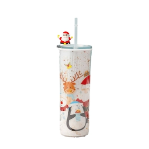 Christmas double-layer plastic tumbler with Santa straw topper and glitter cartoon patterns