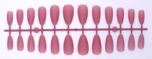 Detail view of 24-piece matte rosy red press-on nails in almond shape on plastic rack
