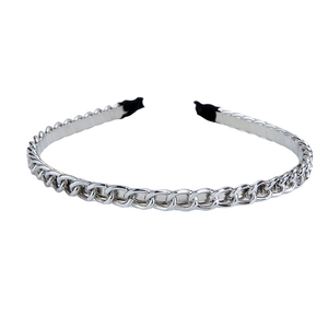 Fashion silver metal chain headband with woven alloy links and soft black end pads