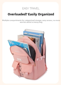 Internal view of pink multi-pocket backpack showing large capacity for laptop and books