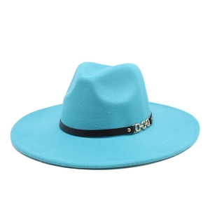Top view of bright blue wool fedora hat with wide brim and gold chain metal buckle decor