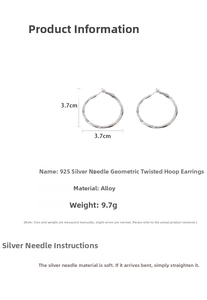 Technical drawing of twisted hoop earrings with size measurements and alloy specs