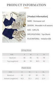 Guide des tailles S-XL pour ensemble de pyjama deux pièces en imitation soie pour femme