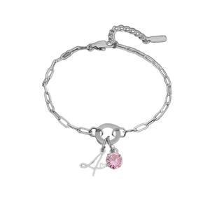Zilveren titanium stalen schakelarmband met letter L en roze kristallen steentje