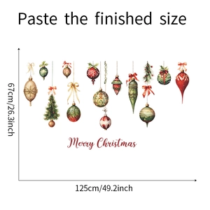 Detailed size chart for Merry Christmas wall stickers featuring festive hanging ornaments