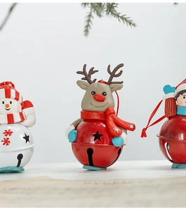 Detail of Nordic Christmas bell pendants featuring reindeer and snowman cartoon figures
