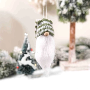 Green and white striped knit gnome Christmas ornament with plush beard and wooden nose