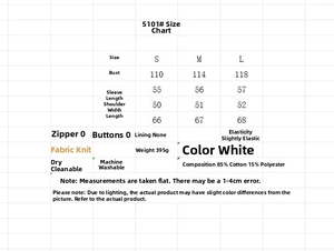 Size chart for metallic print hoodie showing cotton blend fabric and dimensions