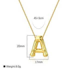 Detail showing 18K gold plated letter A pendant necklace with precise dimensions and weight