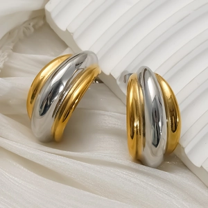 C-Shape Hoop Earrings 18K Gold Plated 304 Stainless Steel Two-Tone Smooth Wide Studs For Women Trendy Minimalist