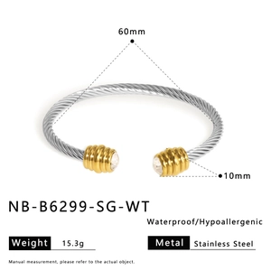 Detailed specs of stainless steel twisted bangle featuring silver band and gold ends