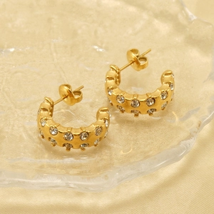 Chic 18K gold plated C-shaped stainless steel earrings with sparkling double-row crystals