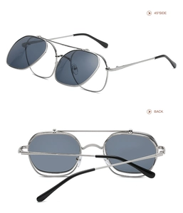 Detail view of silver metal flip-up sunglasses with double bridge and 45-degree side view