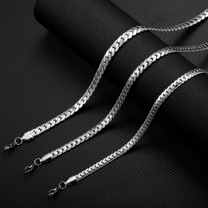 Flat stainless steel curb chain necklaces for men featuring polished silver finish and lobster clasp