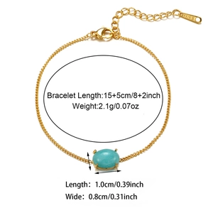 Detail view of 18k gold plated bracelet with turquoise stone and dimension measurements