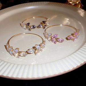 Crystal Leaf Open Bangle Bracelet For Women Exquisite Marquise Zircon Inlaid Alloy Gold Plated Adjustable Fashion Jewelry