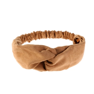 Detail of khaki faux suede headband featuring a twisted knot and elastic textured fabric