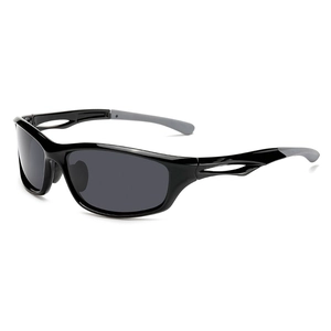 Detail view of square sports sunglasses with black frames and grey rubberized temples
