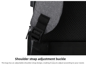 Detail of adjustable shoulder strap buckle on a gray fabric laptop backpack