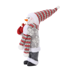 Detailed side view of 30cm plush Christmas snowman with knitted texture and grey accents
