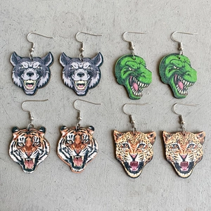 Wooden Animal Head Dangle Earrings For Women Wolf Dinosaur Tiger Leopard Trendy Statement Novelty Jewelry
