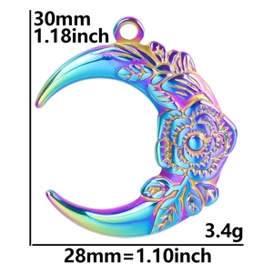 Rainbow stainless steel crescent moon pendant detail with dimensions 30mm x 28mm and 3.4g weight