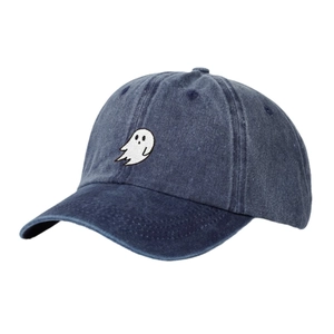 Navy blue washed cotton baseball cap featuring minimalist white ghost embroidery on front