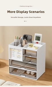 Detail view of white desk organizer with transparent drawers and magnetic whiteboard