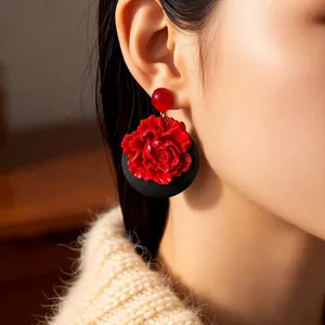 Vintage style red flower earrings with 3D resin petals and silver needle studs