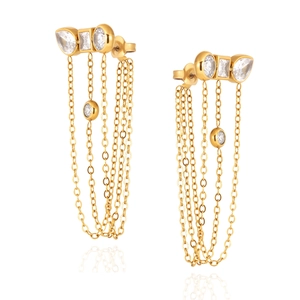 Luxurious gold stainless steel tassel earrings with sparkling zircon gemstones