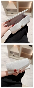 Detail of white pleated clutch with rhinestones showing both open and closed interior views