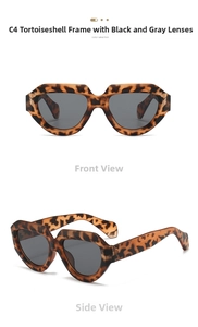 Detailed front and side views of tortoiseshell geometric irregular frames with dark grey lenses
