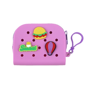Pink silicone mini coin purse with charms and purple clip for coins and earphones