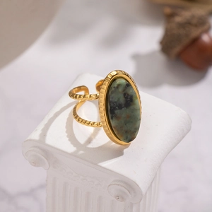 Vintage Natural Stone Open Ring Oval African Turquoise Stainless Steel Adjustable Jewelry For Women