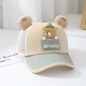Close-up of children mesh sun hat featuring cute bear pocket and soft 3D bear ears