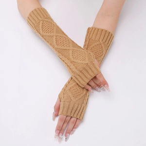 Detail view of camel knitted arm warmer with diamond pattern and cable knit texture