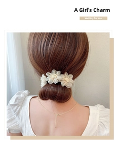 Elegant champagne tulle floral hair maker styled on a low bun hairstyle with beads